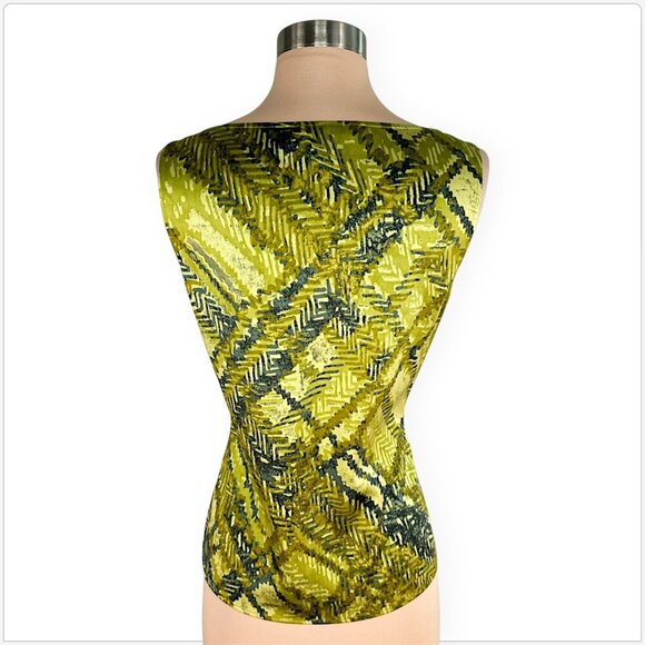 St. John Green Patterned Print Stretch Silk Sleeveless Drape Neck Top Blouse S - Picture 3 of 4